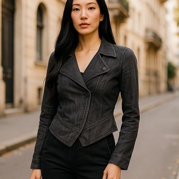 CAbi Jackets & Blazers - CAbi Charcoal Coated Linen Draped Ruffle Collar Cropped Moto Jacket Medium